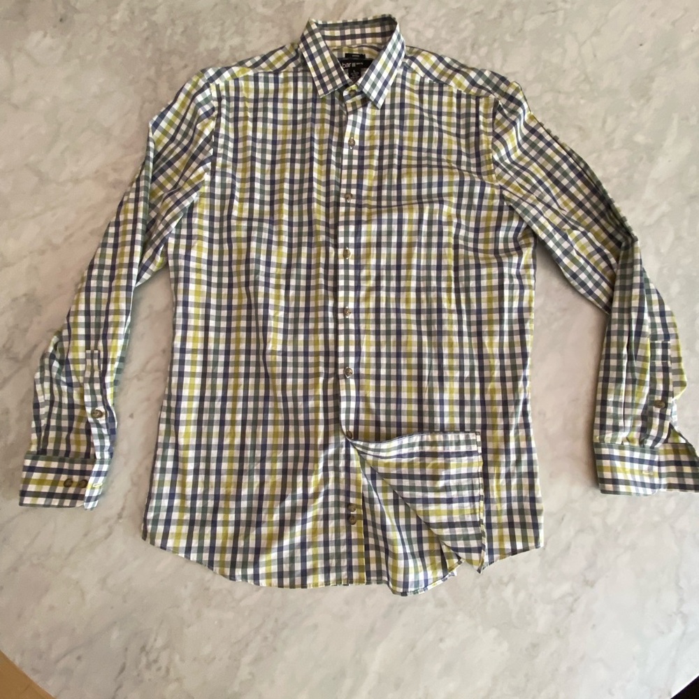 Bar III Blue and Yellow Casual Button Down Shirt